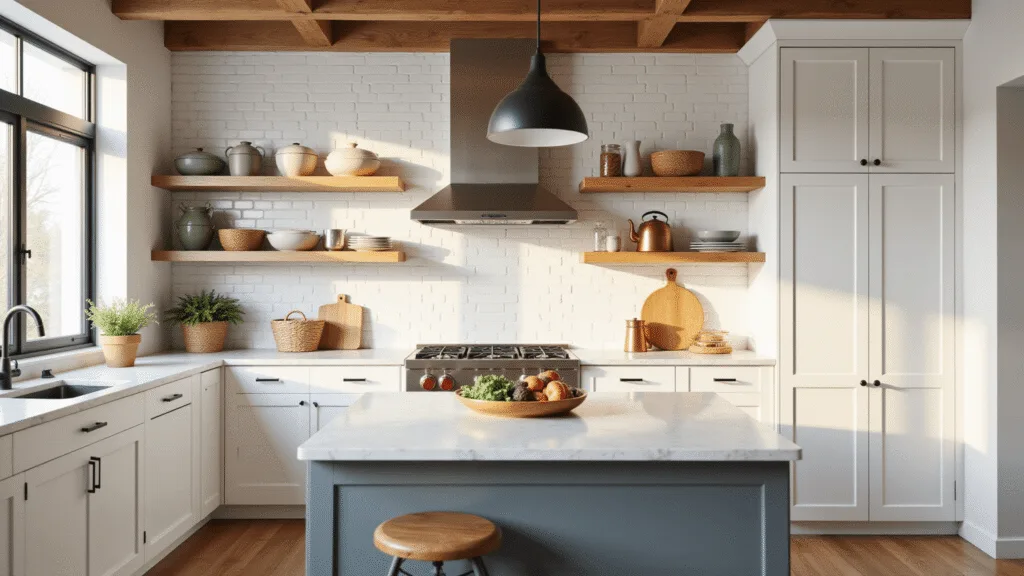 Ultra-detailed image of a split-view modern kitchen comparing open shelving with traditional cabinets, highlighting curated ceramic dishware and a marble island under warm golden hour lighting.