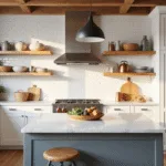 Ultra-detailed image of a split-view modern kitchen comparing open shelving with traditional cabinets, highlighting curated ceramic dishware and a marble island under warm golden hour lighting.