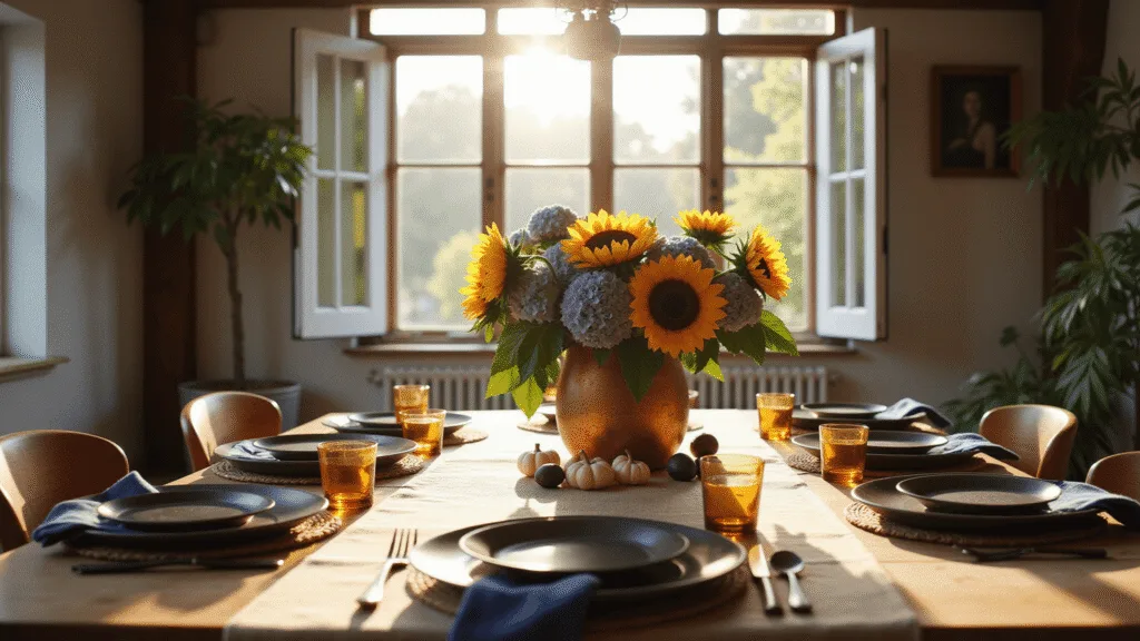 Photorealistic wide shot of a sunlit farmhouse dining room featuring a weathered oak table adorned with fresh sunflowers, purple hydrangeas in a vintage copper vessel, scattered figs and small white pumpkins, complemented by a natural jute runner and cream linen tablecloth. Indigo napkins, woven chargers, vintage ironstone plates, and amber glass tea light holders set against exposed wooden beams create a warm, atmospheric scene in golden hour light.