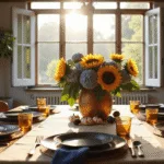 Photorealistic wide shot of a sunlit farmhouse dining room featuring a weathered oak table adorned with fresh sunflowers, purple hydrangeas in a vintage copper vessel, scattered figs and small white pumpkins, complemented by a natural jute runner and cream linen tablecloth. Indigo napkins, woven chargers, vintage ironstone plates, and amber glass tea light holders set against exposed wooden beams create a warm, atmospheric scene in golden hour light.