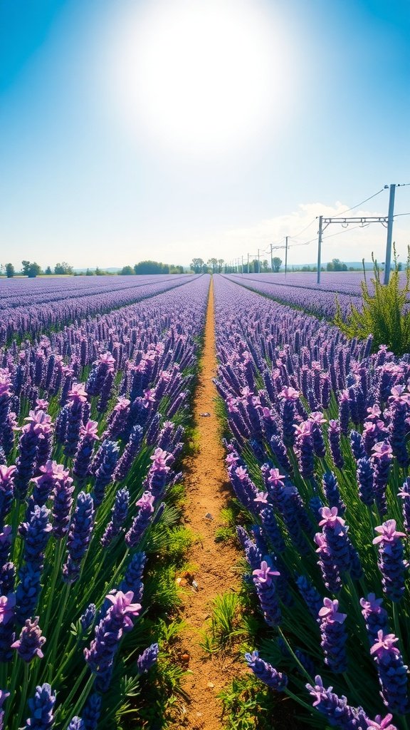 Lavender fields in bloom under a bright blue sky
