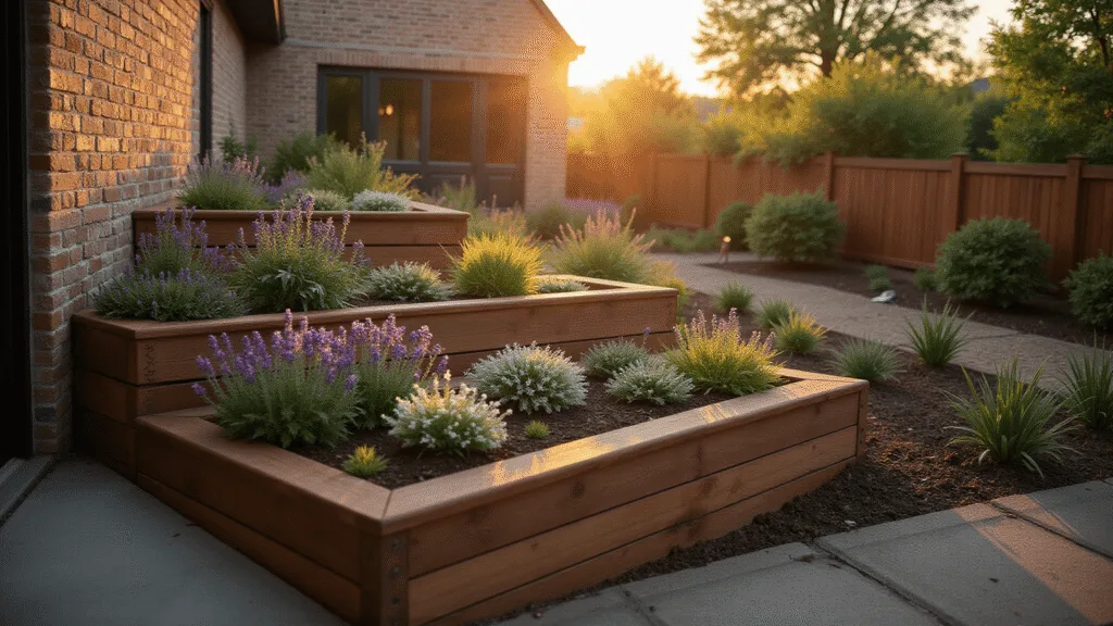Photorealistic wide shot of a multi-tiered corner garden at golden hour, featuring cedar raised beds, cascading flowers, and warm sunset light creating long shadows on dark mulch, with soft bokeh, lens flare, and atmospheric mist.