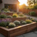Photorealistic wide shot of a multi-tiered corner garden at golden hour, featuring cedar raised beds, cascading flowers, and warm sunset light creating long shadows on dark mulch, with soft bokeh, lens flare, and atmospheric mist.