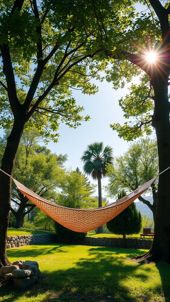 A hammock strung between two trees in a sunny garden, with sunlight filtering through the leaves.