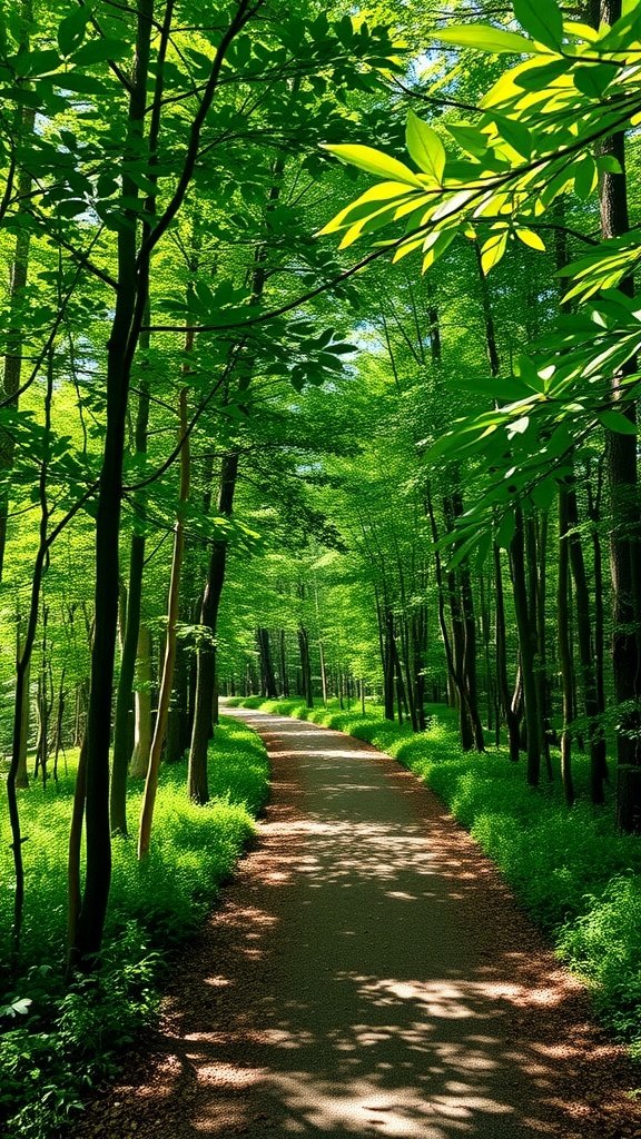 A serene forest pathway surrounded by lush green foliage and dappled sunlight.
