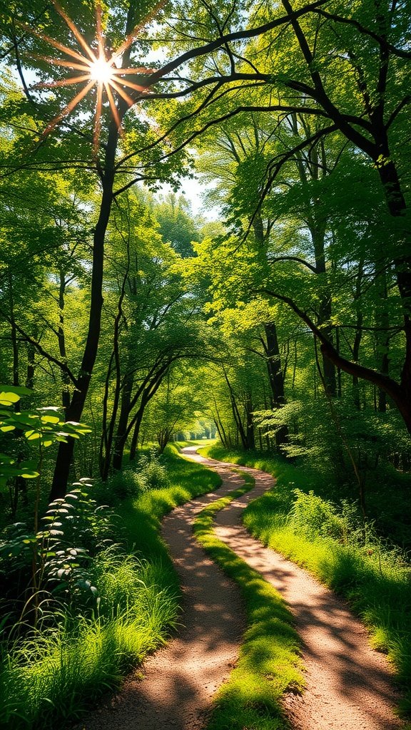 A winding path in a lush green forest with sunlight filtering through the trees