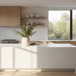 A bright Scandinavian minimalist kitchen featuring beige cabinets, a white quartz island, and natural wood accents, illuminated by morning light through large windows.