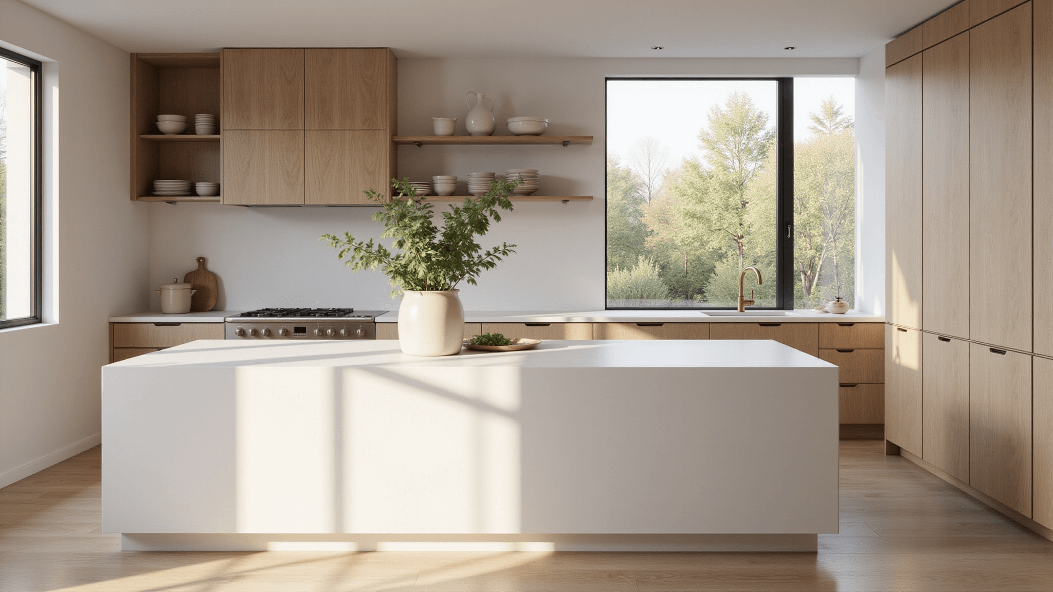 A bright Scandinavian minimalist kitchen featuring beige cabinets, a white quartz island, and natural wood accents, illuminated by morning light through large windows.