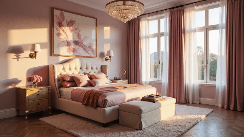 A luxurious pink bedroom illuminated by warm golden hour light, featuring a tufted cream velvet king-size bed, layered silk bedding in pink tones, vintage brass sconces, abstract artwork, a plush Moroccan rug, and a crystal chandelier.