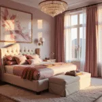 A luxurious pink bedroom illuminated by warm golden hour light, featuring a tufted cream velvet king-size bed, layered silk bedding in pink tones, vintage brass sconces, abstract artwork, a plush Moroccan rug, and a crystal chandelier.