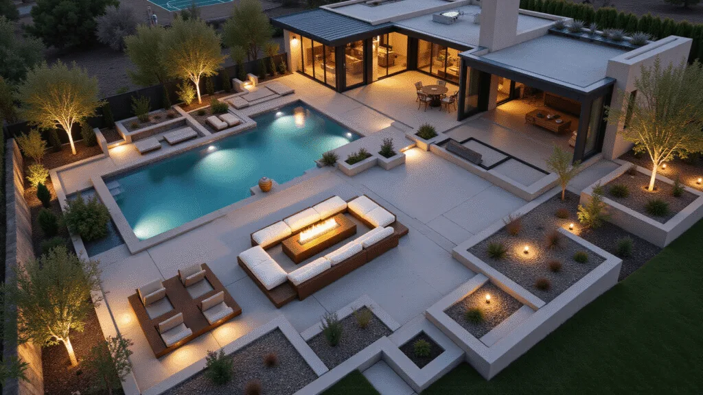 A stunning aerial view of a luxury backyard featuring a sunken conversation pit, infinity edge pool, Japanese meditation garden, sport court, and children's adventure zone, illuminated by modern lighting at magic hour.