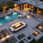 A stunning aerial view of a luxury backyard featuring a sunken conversation pit, infinity edge pool, Japanese meditation garden, sport court, and children's adventure zone, illuminated by modern lighting at magic hour.
