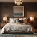 Photorealistic image of a luxury bedroom featuring a king-size bed with cream and champagne silk bedding against textured brown walls, illuminated by golden hour light through sheer curtains. The room is styled with modern walnut nightstands, brass lamps, a vintage Persian rug, and an abstract gold-framed artwork, creating a sophisticated atmosphere.