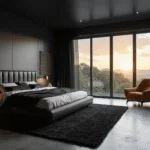 A luxurious black bedroom at twilight featuring a king-sized platform bed, black velvet and cream silk bedding, brushed bronze pendant lights, and a mustard yellow velvet accent chair, all enhanced by dramatic lighting and rich textures.
