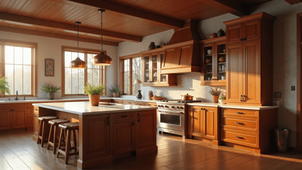 A luxurious cherry wood kitchen with Shaker-style cabinets bathed in warm morning light, featuring white quartz countertops, a large center island, copper cookware, and modern stainless steel appliances, all captured in a photorealistic wide-angle shot.