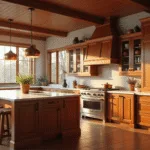 A luxurious cherry wood kitchen with Shaker-style cabinets bathed in warm morning light, featuring white quartz countertops, a large center island, copper cookware, and modern stainless steel appliances, all captured in a photorealistic wide-angle shot.
