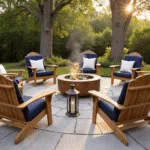 A luxurious outdoor fire pit seating arrangement with six teak Adirondack chairs, navy blue cushions, and cream throw pillows, set in a circular stone patio surrounded by mature oak trees at golden hour.