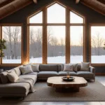 Photorealistic interior of a luxury four-season room at golden hour, featuring cathedral ceilings with wooden beams, thermal windows, modern grey sectional, mid-century leather chairs, brass floor lamp, heated travertine floors, and fiddle leaf fig trees, with a snowy landscape outside.