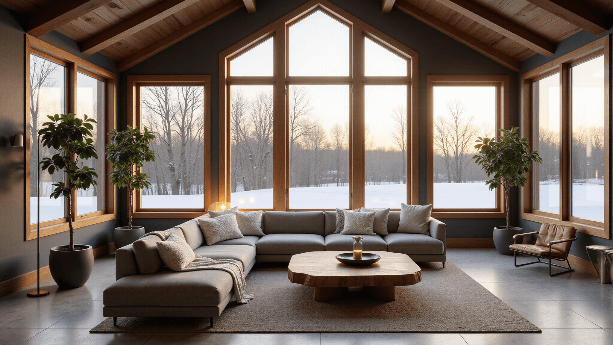 Photorealistic interior of a luxury four-season room at golden hour, featuring cathedral ceilings with wooden beams, thermal windows, modern grey sectional, mid-century leather chairs, brass floor lamp, heated travertine floors, and fiddle leaf fig trees, with a snowy landscape outside.