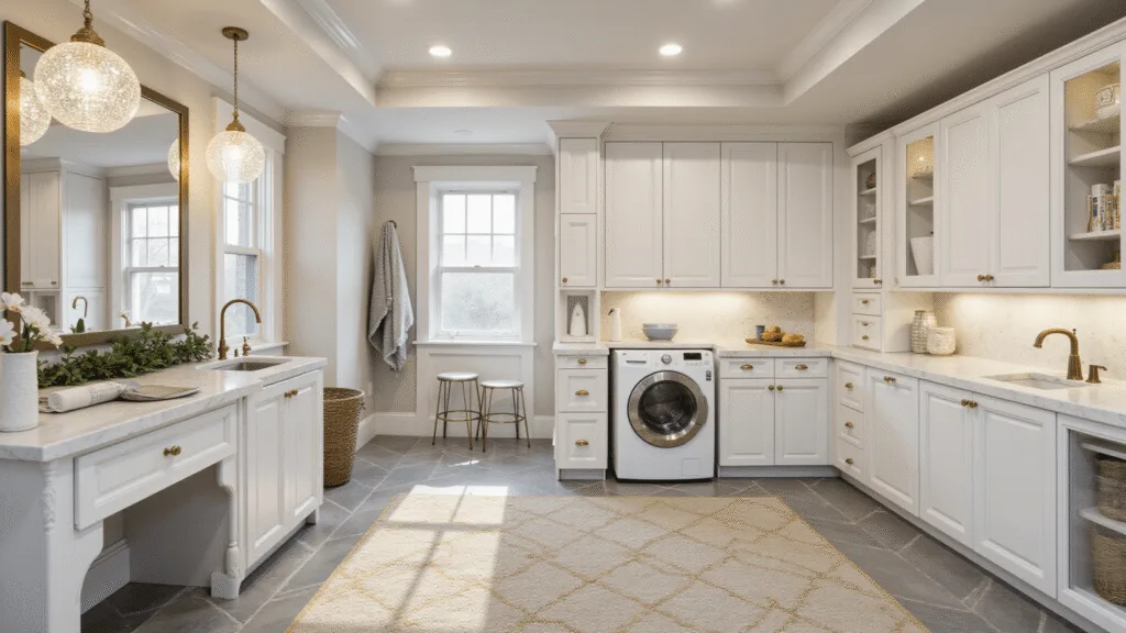 Photorealistic luxurious basement laundry room with marble accents, gold hardware, and natural lighting, featuring modern washer and dryer, quartz waterfall island, custom cabinetry, and elegant decor.