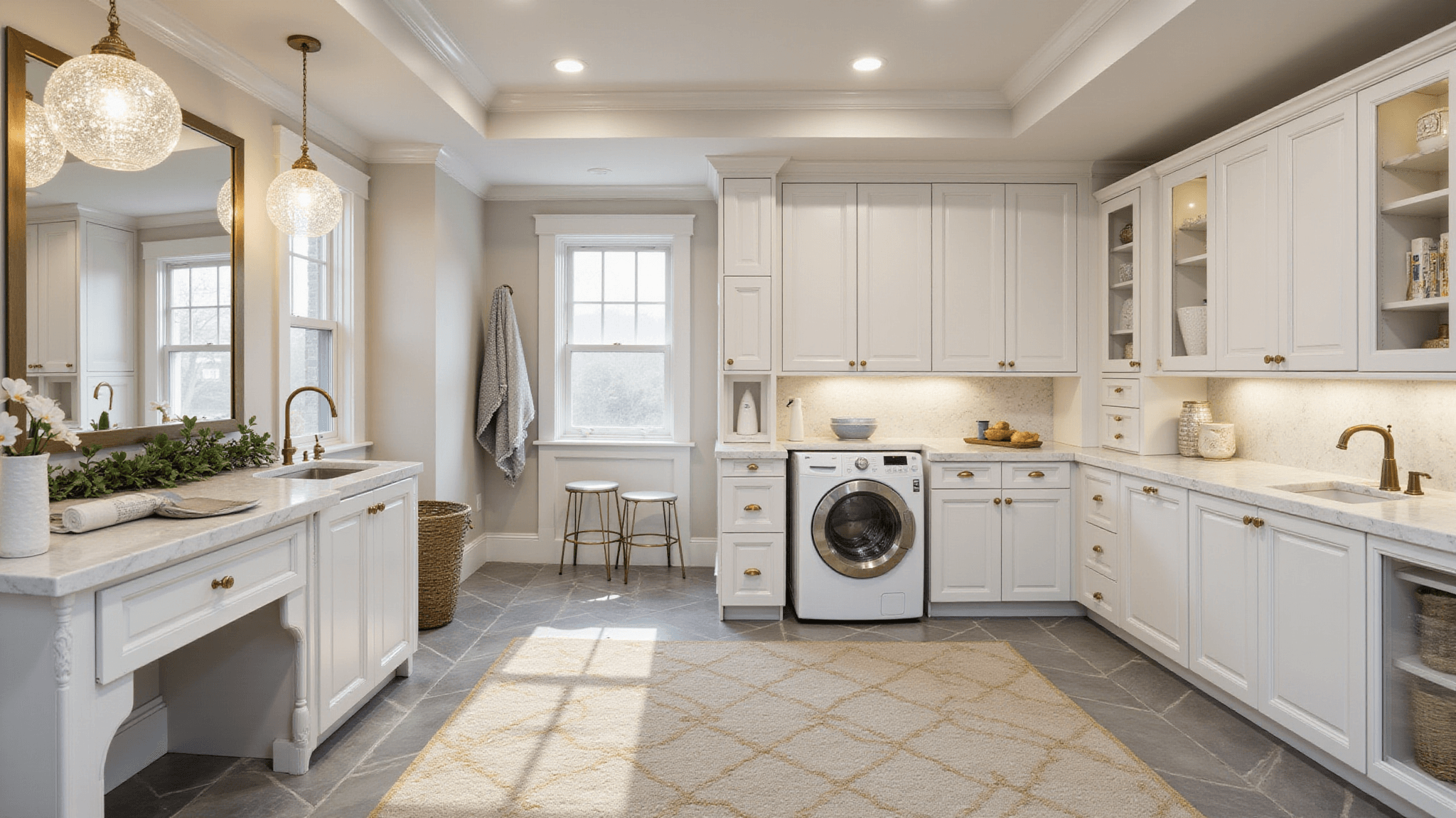 Photorealistic luxurious basement laundry room with marble accents, gold hardware, and natural lighting, featuring modern washer and dryer, quartz waterfall island, custom cabinetry, and elegant decor.