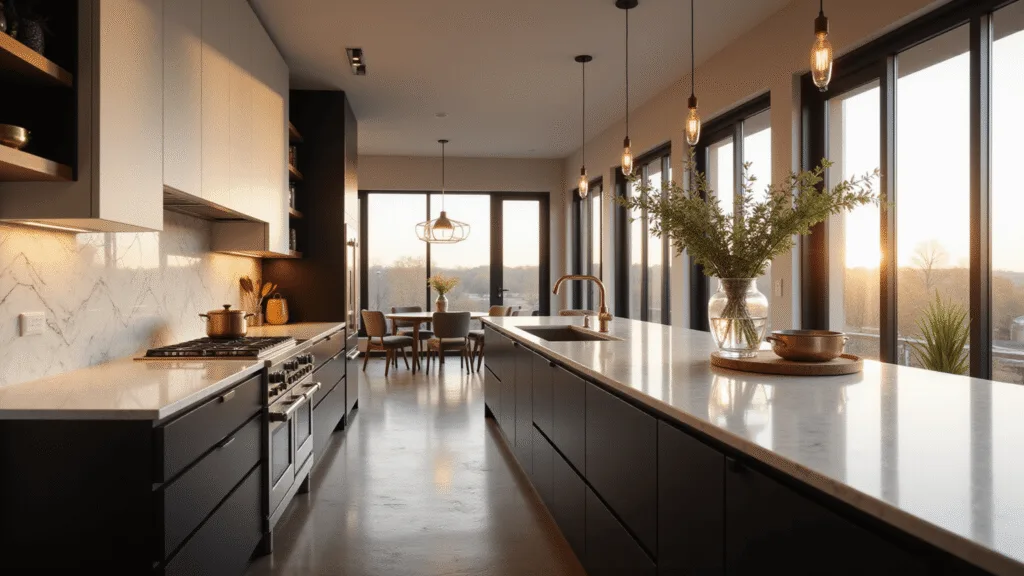 Cinematic wide-angle shot of a luxurious modern kitchen featuring black and white cabinets, a white quartz waterfall island, and a Calacatta marble backsplash, illuminated by warm golden hour sunlight.