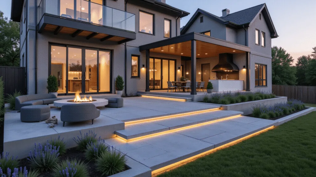 Photorealistic ultra-wide angle view of a multi-tiered luxury patio extension at golden hour, featuring a circular fire pit area, outdoor kitchen, and covered pergola, all surrounded by lush plantings and illuminated with integrated LED lighting, showcasing clean lines and contemporary design in an 8k resolution image.