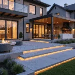 Photorealistic ultra-wide angle view of a multi-tiered luxury patio extension at golden hour, featuring a circular fire pit area, outdoor kitchen, and covered pergola, all surrounded by lush plantings and illuminated with integrated LED lighting, showcasing clean lines and contemporary design in an 8k resolution image.