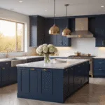 Photorealistic interior of a luxurious modern navy blue kitchen with brass hardware, featuring Carrara marble countertops, large island, herringbone flooring, and abundant natural light during golden hour.