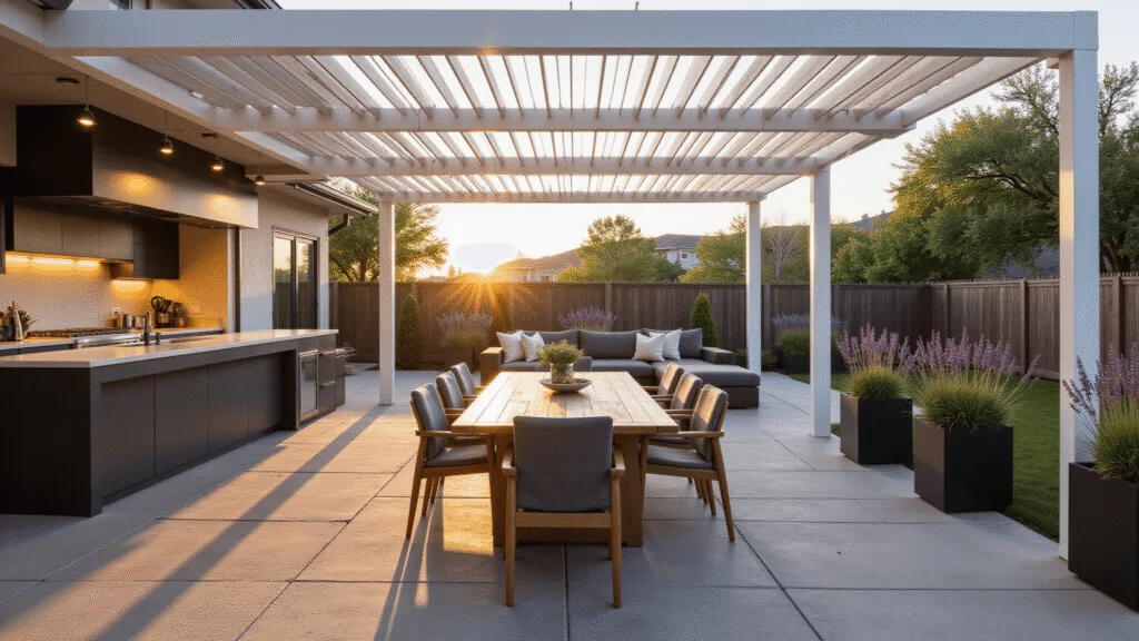 A luxury modern patio at golden hour featuring warm grey stone pavers, an 8-seater teak dining table under a white aluminum pergola, a charcoal sectional with ivory pillows, contemporary container gardens, a sleek outdoor kitchen, and ambient string lights, captured in hyperrealistic detail.