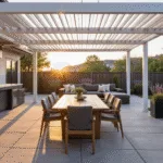A luxury modern patio at golden hour featuring warm grey stone pavers, an 8-seater teak dining table under a white aluminum pergola, a charcoal sectional with ivory pillows, contemporary container gardens, a sleek outdoor kitchen, and ambient string lights, captured in hyperrealistic detail.