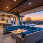 Photorealistic wide-angle view of a luxurious covered patio at sunset, featuring a sleek pergola, modern sectional sofa, linear gas fireplace, polished concrete flooring with LED inlays, Mediterranean columns, and an outdoor kitchen set against an infinity pool, all bathed in warm golden hour lighting.