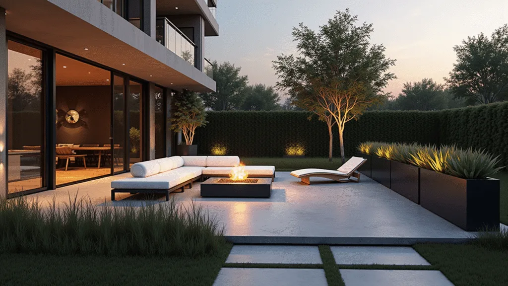 A modern luxury outdoor patio at sunset, featuring a seamless indoor-outdoor design with polished concrete flooring, a minimalist sectional sofa, ambient string lights, a sleek fire pit, and low-profile loungers, all captured in ultra-detailed, photorealistic style.