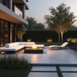 A modern luxury outdoor patio at sunset, featuring a seamless indoor-outdoor design with polished concrete flooring, a minimalist sectional sofa, ambient string lights, a sleek fire pit, and low-profile loungers, all captured in ultra-detailed, photorealistic style.