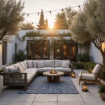 Cinematic wide-angle shot of a luxurious modern patio at golden hour, featuring a charcoal gray modular sectional, cream cushions, weathered teak chairs, string lights, and olive trees in concrete planters, accented by a navy and ivory rug, warm copper lanterns, terracotta pots with herbs, and climbing jasmine on white stucco walls, all captured with dramatic lighting and shallow depth of field.