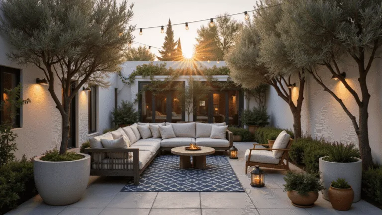 Cinematic wide-angle shot of a luxurious modern patio at golden hour, featuring a charcoal gray modular sectional, cream cushions, weathered teak chairs, string lights, and olive trees in concrete planters, accented by a navy and ivory rug, warm copper lanterns, terracotta pots with herbs, and climbing jasmine on white stucco walls, all captured with dramatic lighting and shallow depth of field.