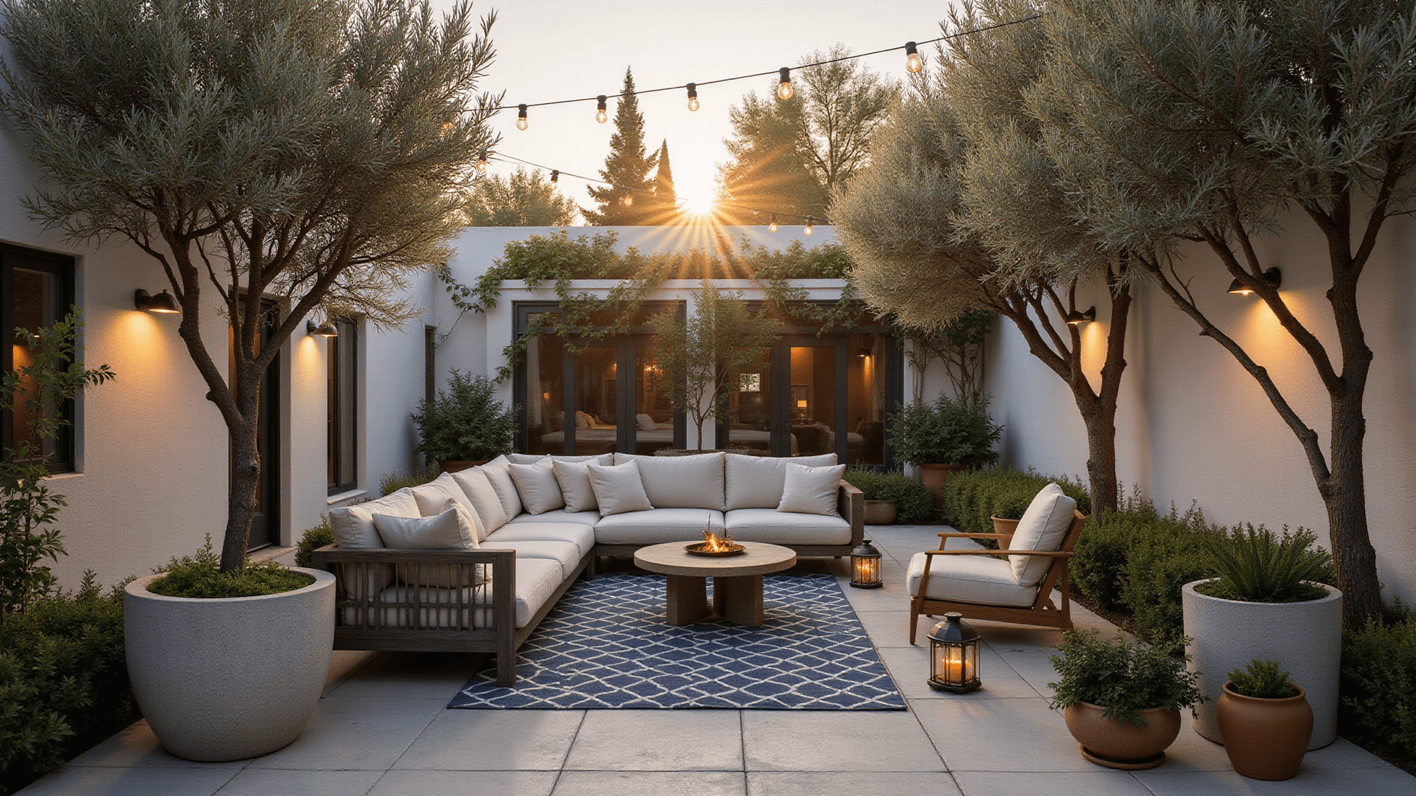 Cinematic wide-angle shot of a luxurious modern patio at golden hour, featuring a charcoal gray modular sectional, cream cushions, weathered teak chairs, string lights, and olive trees in concrete planters, accented by a navy and ivory rug, warm copper lanterns, terracotta pots with herbs, and climbing jasmine on white stucco walls, all captured with dramatic lighting and shallow depth of field.