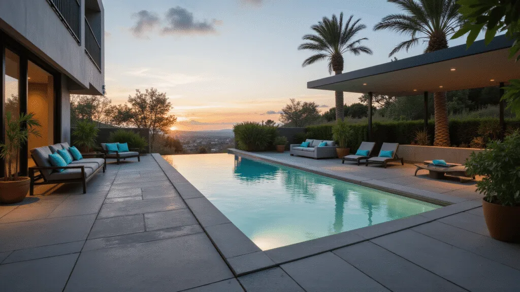 Cinematic photograph of a contemporary plunge pool at twilight, featuring sleek white tiles, built-in LED lighting, and surrounded by natural stone decking, with a lounge area, tropical plants, and a reflective water surface capturing sunset hues.