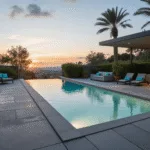 Cinematic photograph of a contemporary plunge pool at twilight, featuring sleek white tiles, built-in LED lighting, and surrounded by natural stone decking, with a lounge area, tropical plants, and a reflective water surface capturing sunset hues.