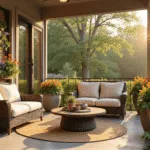 A luxurious covered porch at golden hour, featuring a tall flower trellis with pansies and tulips, flanked by concrete planters of lantanas and coneflowers, premium rattan furniture with cream cushions, and a vintage jute rug, all bathed in warm, inviting light.