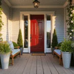 A luxurious front porch with symmetrical gray concrete planters filled with blue poppies, dusty miller, lantanas, and cascading 'Neon' pothos, featuring a glossy red door, classical columns, and warm sunlight casting shadows on wooden floorboards, complemented by string lights and a vintage wooden bench with blue striped cushions.