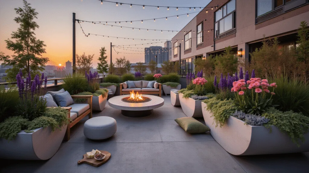 A luxurious urban rooftop terrace featuring oversized concrete planters with a vibrant floral arrangement, weathered teak furniture, a modern fire pit, and string lights, all bathed in warm golden hour light.