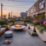 A luxurious urban rooftop terrace featuring oversized concrete planters with a vibrant floral arrangement, weathered teak furniture, a modern fire pit, and string lights, all bathed in warm golden hour light.