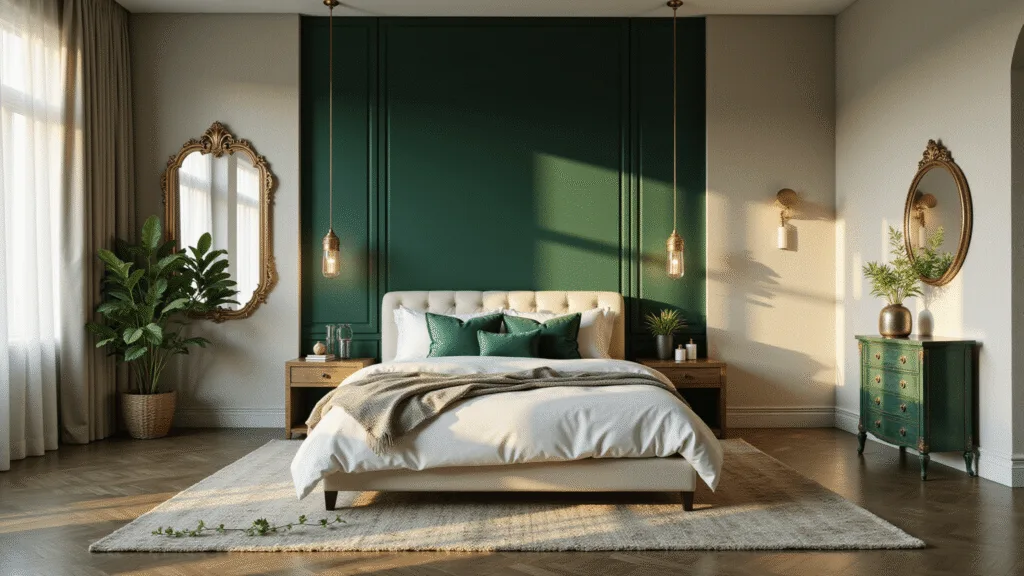 High-end sage green bedroom with plush king-sized bed, velvet pillows, and forest green accent wall, enhanced by natural light and organic plants, captured in 8K resolution during golden hour.