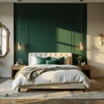 High-end sage green bedroom with plush king-sized bed, velvet pillows, and forest green accent wall, enhanced by natural light and organic plants, captured in 8K resolution during golden hour.