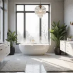 A luxurious master bathroom featuring a freestanding soaking tub, marble tile walls, and elegant fixtures, bathed in soft morning light.
