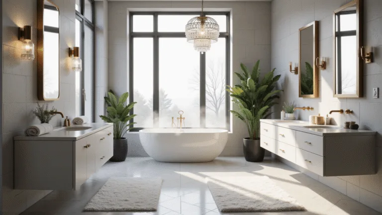 A luxurious master bathroom featuring a freestanding soaking tub, marble tile walls, and elegant fixtures, bathed in soft morning light.