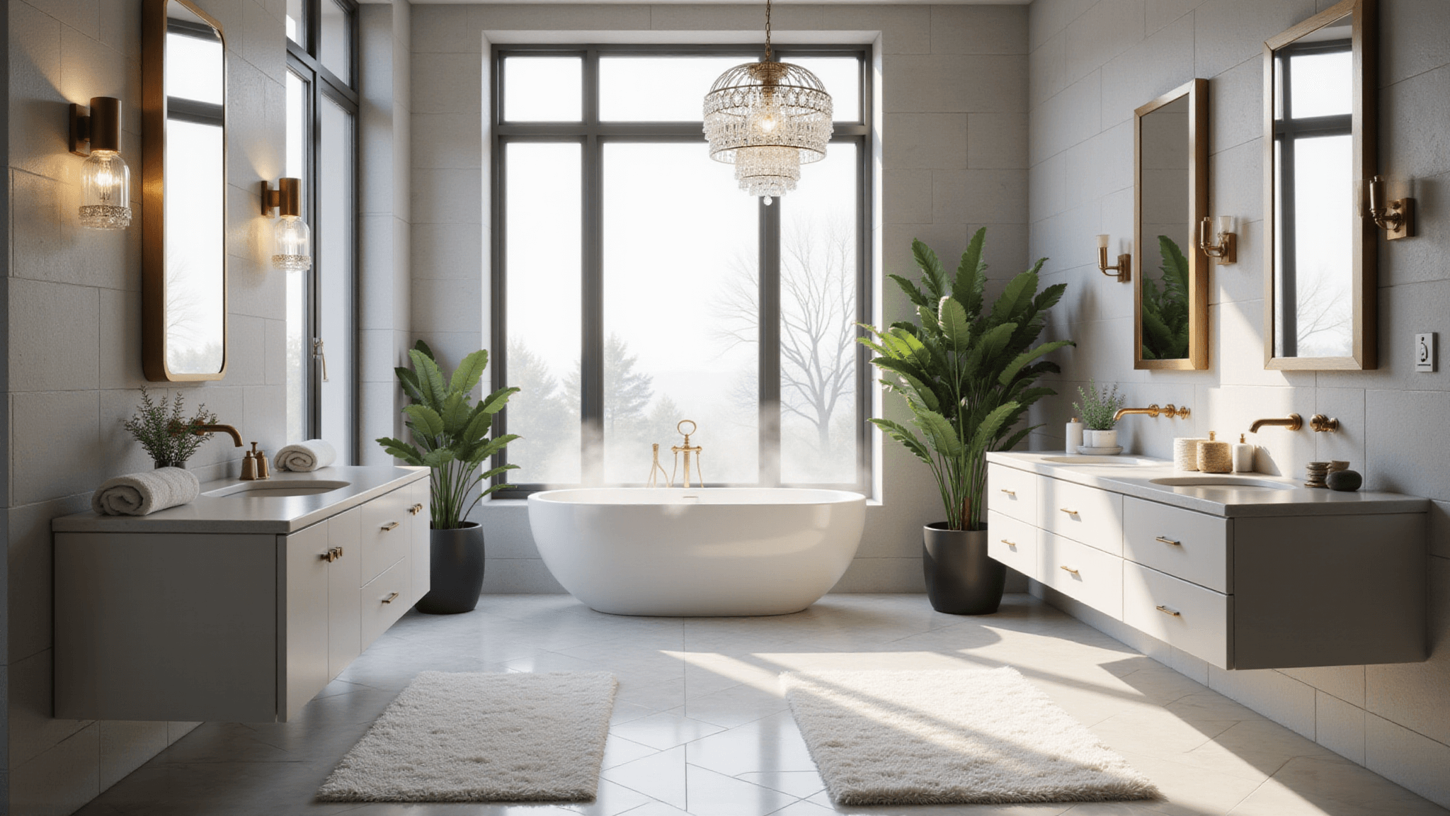A luxurious master bathroom featuring a freestanding soaking tub, marble tile walls, and elegant fixtures, bathed in soft morning light.