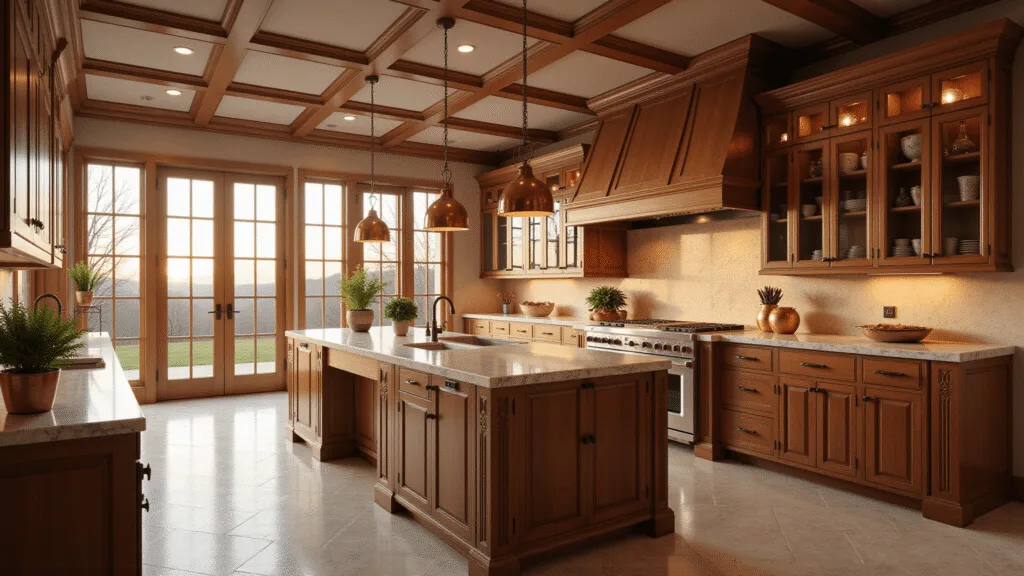 Photorealistic interior shot of a luxury chef's kitchen featuring custom walnut cabinets, a quartzite waterfall island, oversized copper pendant lights, and professional-grade appliances, illuminated by warm golden hour sunlight through large windows.
