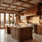 Photorealistic interior shot of a luxury chef's kitchen featuring custom walnut cabinets, a quartzite waterfall island, oversized copper pendant lights, and professional-grade appliances, illuminated by warm golden hour sunlight through large windows.